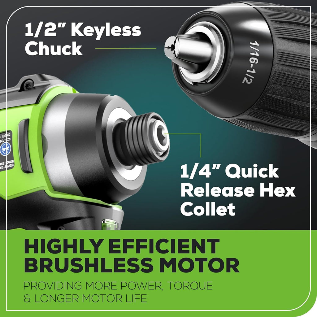 24V Brushless Cordless Drill and Impact Driver,Power Tool Combo Kit Included 1/2”Drill & 1/4”Hex Impact Driver and (2) Batteries, Fast Charger, 2 pcs Drill Bit Set & Bag
