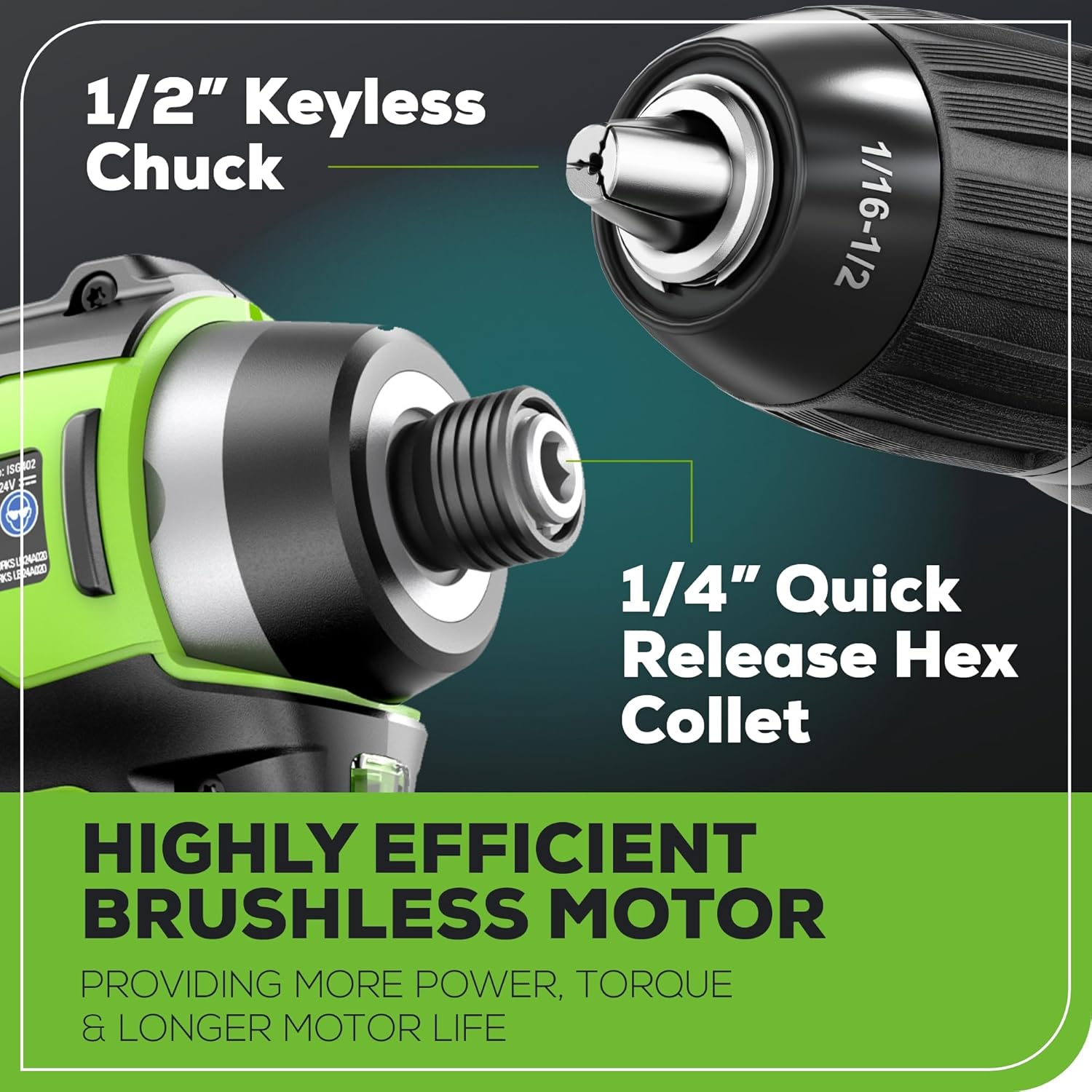 24V Brushless Cordless Drill and Impact Driver,Power Tool Combo Kit Included 1/2”Drill & 1/4”Hex Impact Driver and (2) Batteries, Fast Charger, 2 pcs Drill Bit Set & Bag