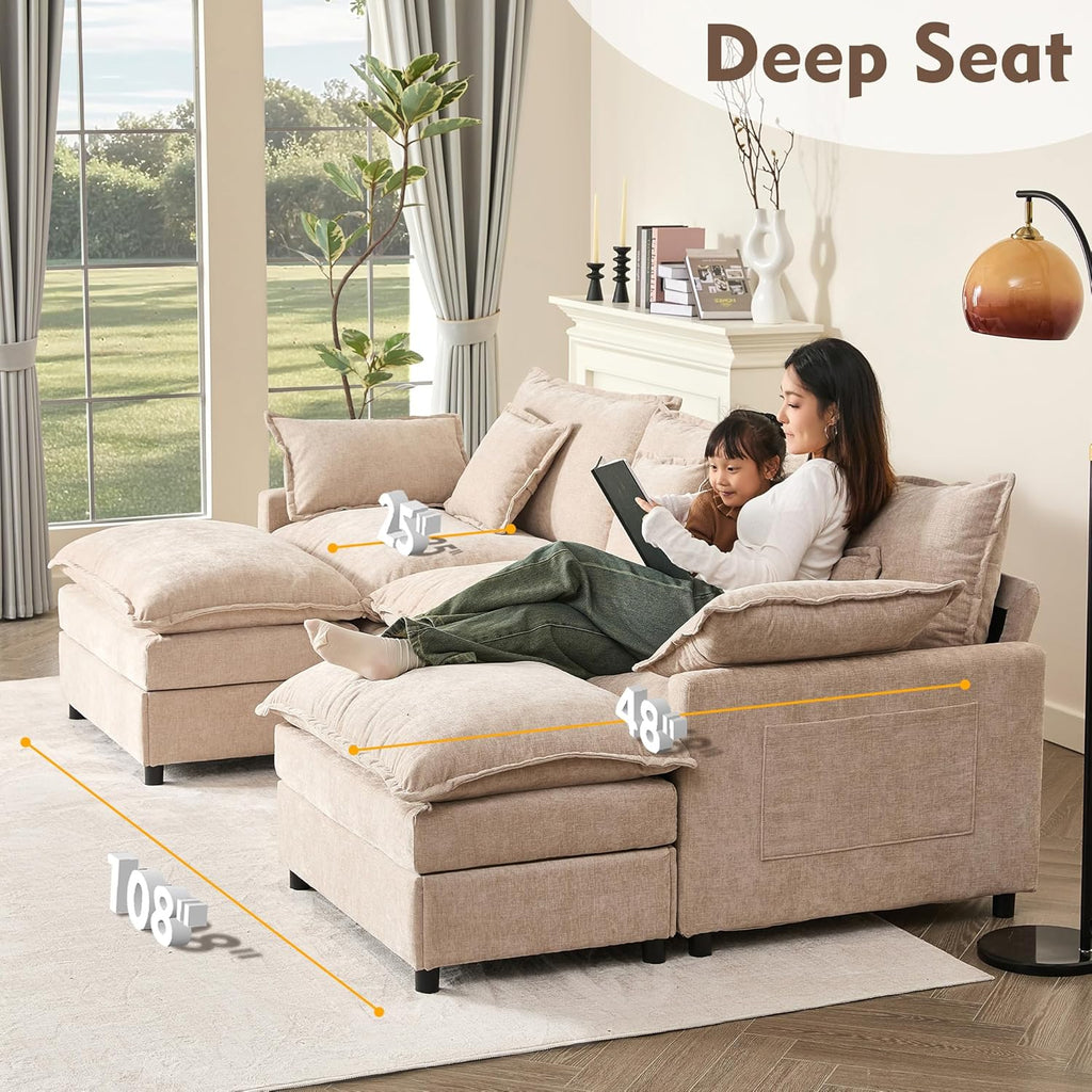 108 Inch U Shape Sofa Sectional Sofa Comfortable Cloud Sofa with Removable Footstool