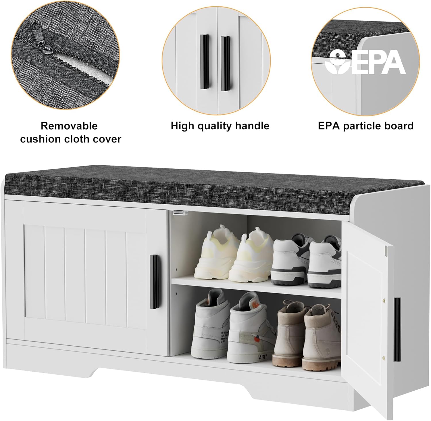 2-Tier Storage Bench, Shoe Bench with Thickened Padded Seat Cushion, Entryway Bench with 4 Doors, Adjustable Shelf, 13.8" D x 45.3" W x 18.5" H, for Entryway, Living Room, Bedroom, White