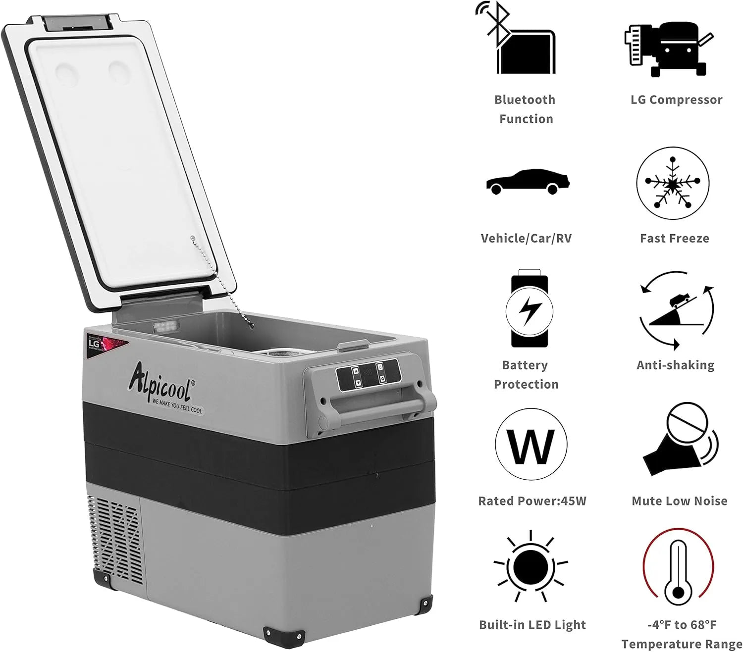 CF45 Portable Refrigerator 12 Volt Car Freezer 42 Quart Mini Fridge Freezer (-4掳C~68掳C) for Truck, RV, Vehicle, Travel, Outdoor -12/24V DC