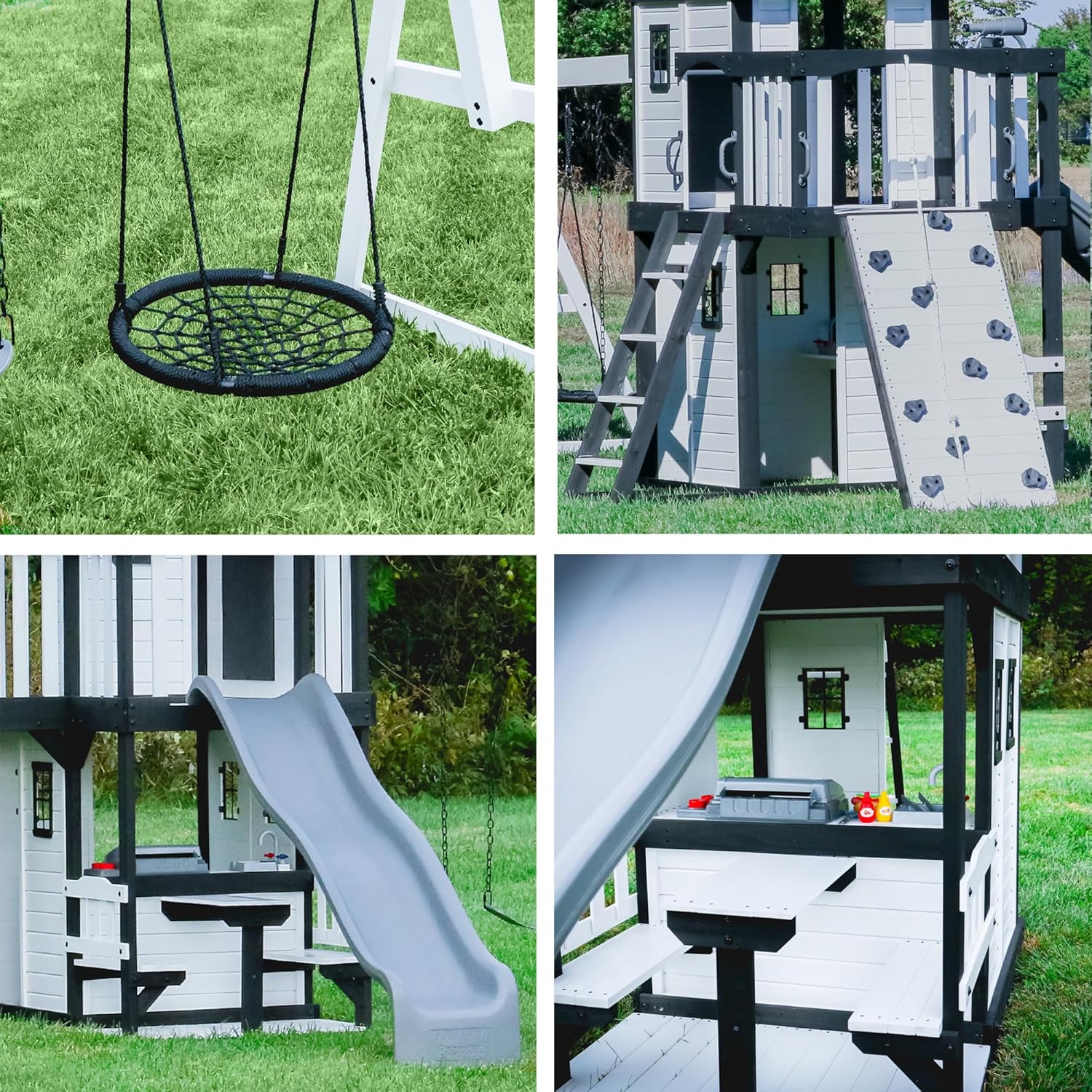 Backyard Discovery Canyon Creek Cedar Wood Swing Set with Wave Slide, Clubhouse, Play Kitchen, Picnic Area, Belt Swings, Web Swing, Rock Wall, Balconies, Playhouse, Step Ladder, Outdoor Playset