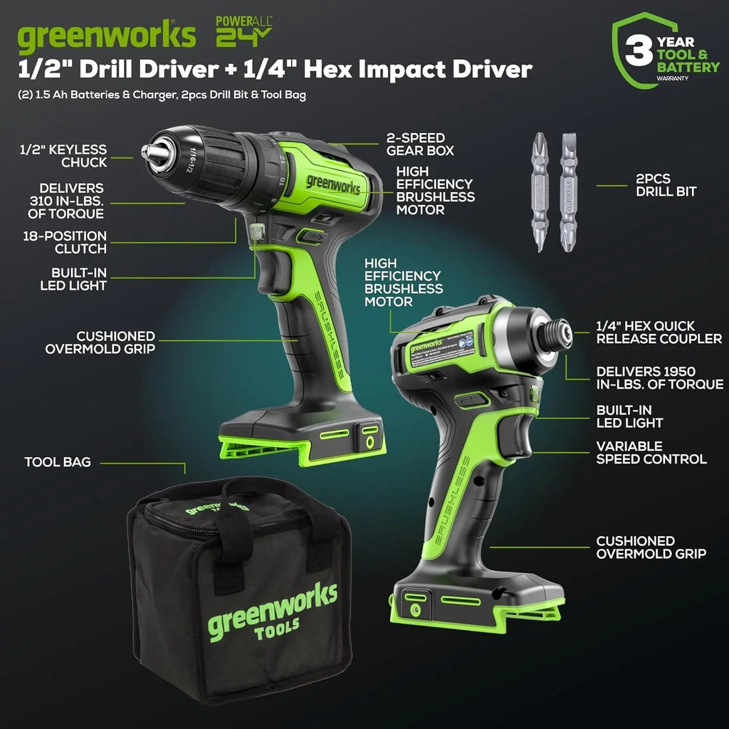 24V Brushless Cordless Drill Impact Driver Power Tool Combo Kit Included 1/2”Drill & 1/4”Hex
