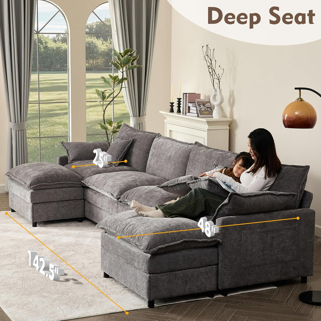 108" U Shaped Couch, Modular Sectional Sofa, 3-Seater Comfy Cloud Couch with Movable Ottoman, Deep Seat Couches for Living Room, Chenille, Slate