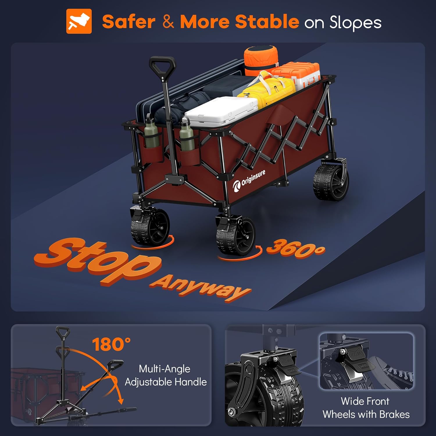 38" long foldable four-wheel stroller, foldable, 460 lb capacity, 220 liter heavy-duty folding beach stroller with large all-terrain tires