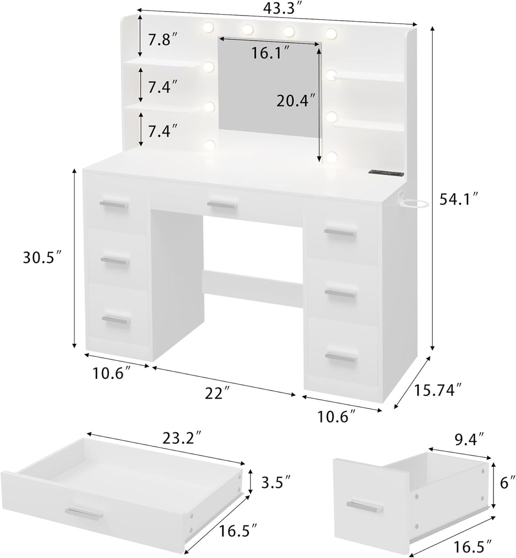 Vanity Desk with Mirror LED Lights and Power Outlet Makeup with 7 Drawers