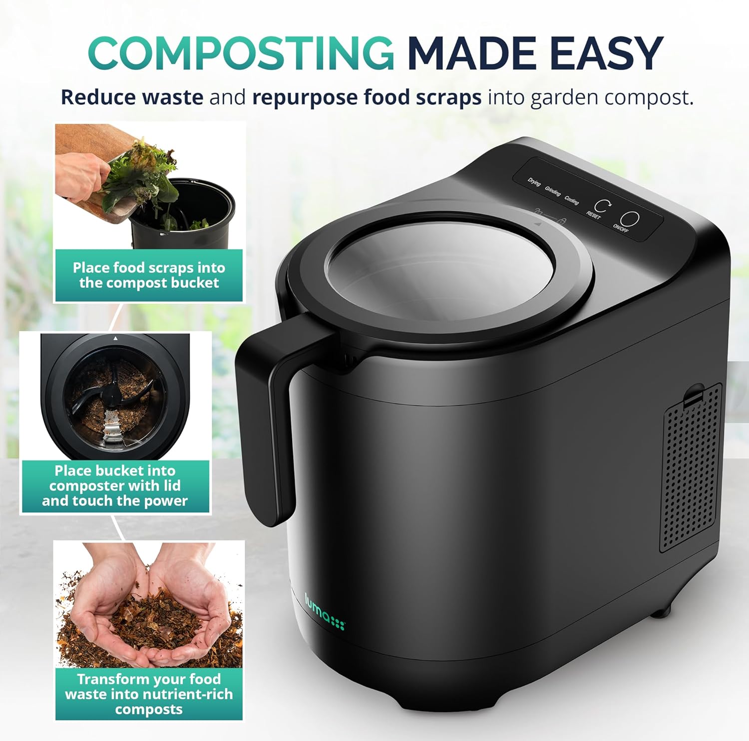 Electric Kitchen Composter 2.5L – Odorless Countertop Bin with Clear-View Lid, Smart Food Waste Disposal