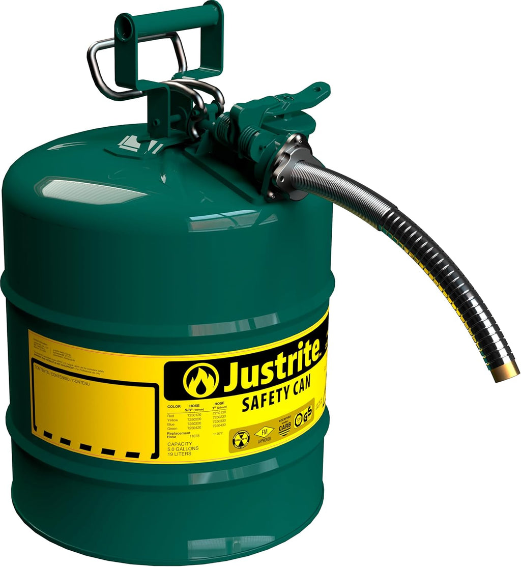 Justrite 5-Gallon Type II Red Safety Gas Can OSHA-Approved Steel Fuel Container with Flame Arrester, Self-Closing Lid & 1" Flexible Spout (7250130)