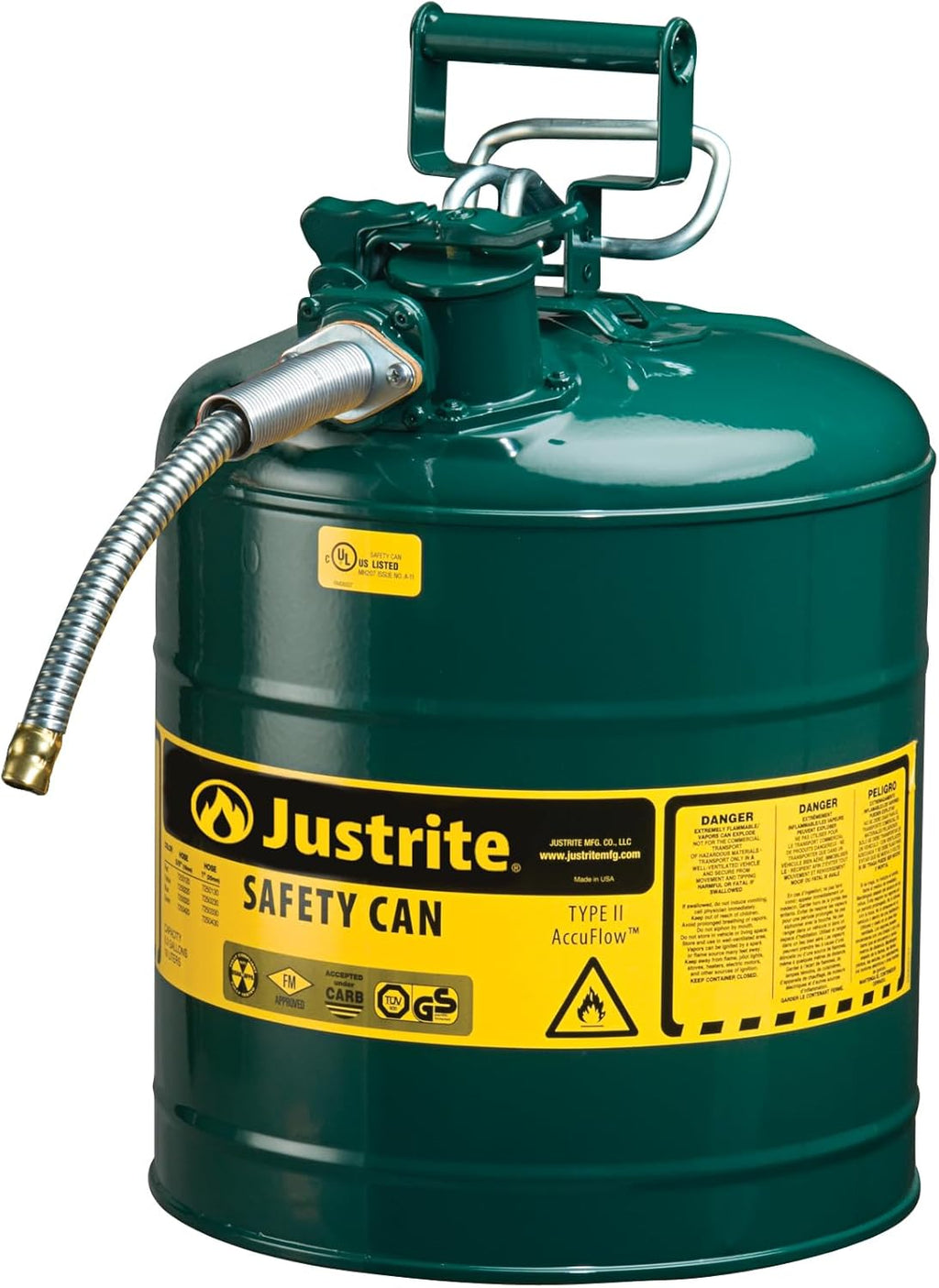 Justrite 5-Gallon Type II Red Safety Gas Can OSHA-Approved Steel Fuel Container with Flame Arrester, Self-Closing Lid & 1" Flexible Spout (7250130)