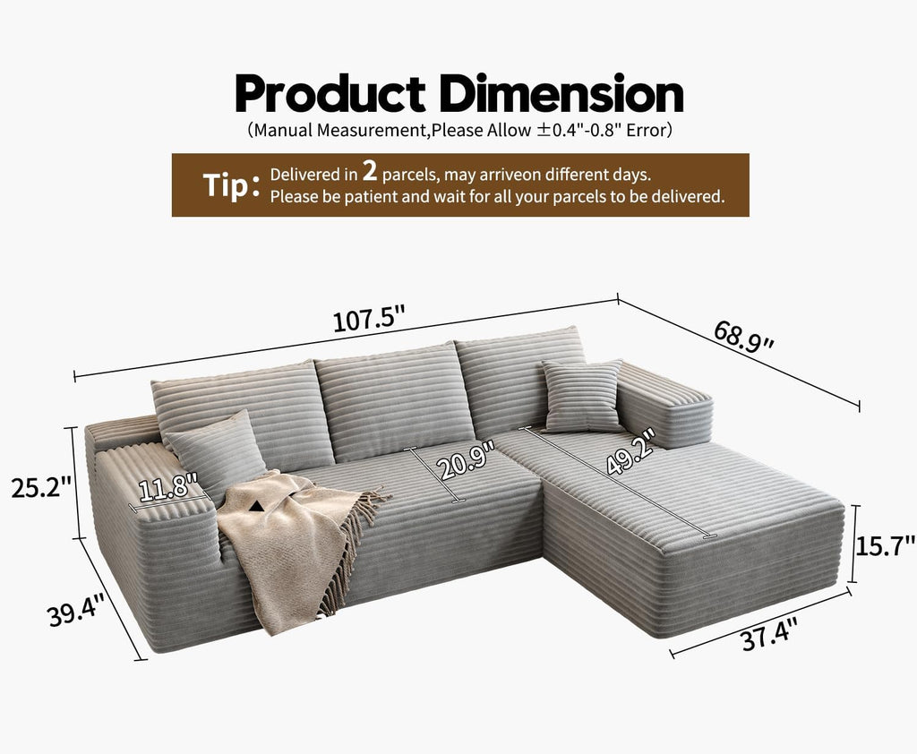 107.5" Cloud Modular Sectional Sofa Couch with L-Shape Chaise,Modern Minimalist Upholstered Couches for Living Room Bedroom,Deep Seat Corner Couch，No Assembly Required (Black,Left Facing Chaise)
