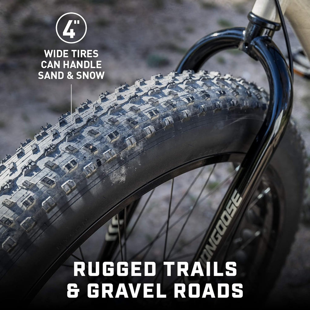 Malus Mens and Women Fat Tire Mountain Bike, 26-Inch Bicycle Wheels, 4-Inch Wide Knobby Tires, Steel Frame, 7 Speed Drivetrain, Shimano Rear Derailleur, Disc Brakes
