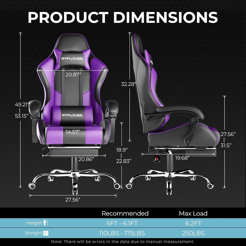 GTPLAYER Gaming Chair with Footrest and Lumbar Support Ergonomic Computer Chair with Headrest, 360掳 Swivel, Height Adjustable, White