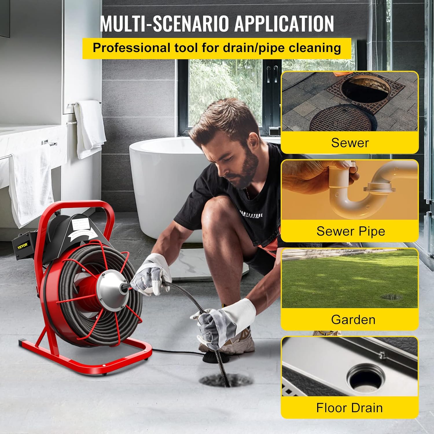 Electric Drain Cleaner Machine by [Brand], 75 Ft x 3/8 Inch, Fits 1-4 Inch Pipes, Portable with 4 Cutters, Powerful Plumbing Tool for Clogs