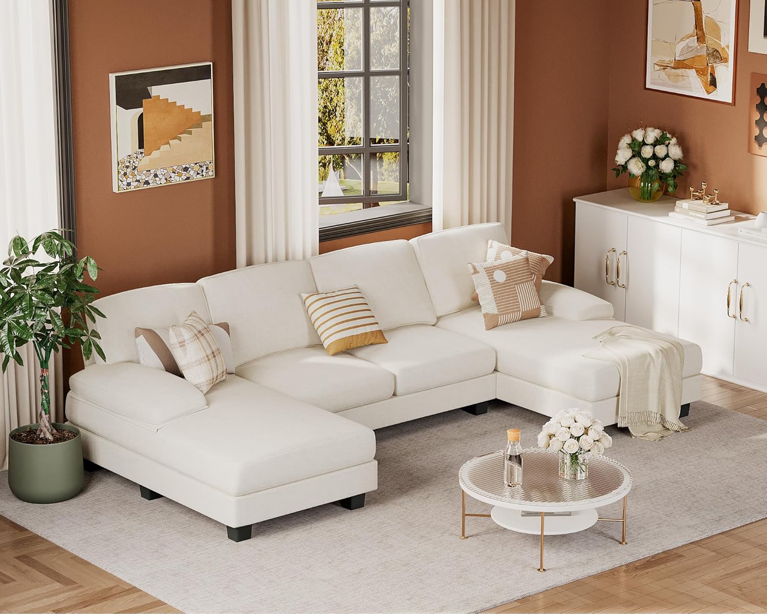 JUMMICO Sectional Couches for Living Room, U Shaped Couch with Chenille Fabric, 4 Seat Modern Sofa with Removable Pillows for Apartment and Small Space (Fabric, Grey)
