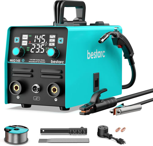 145A MIG Welder, 110V/220V Dual Voltage Gas/Gasless Flux Core MIG Welder/Lift TIG/Stick 3 in 1 Synergic MIG145 9GEN Welding Machine, Flux/Solid Welder Digital Screen Display