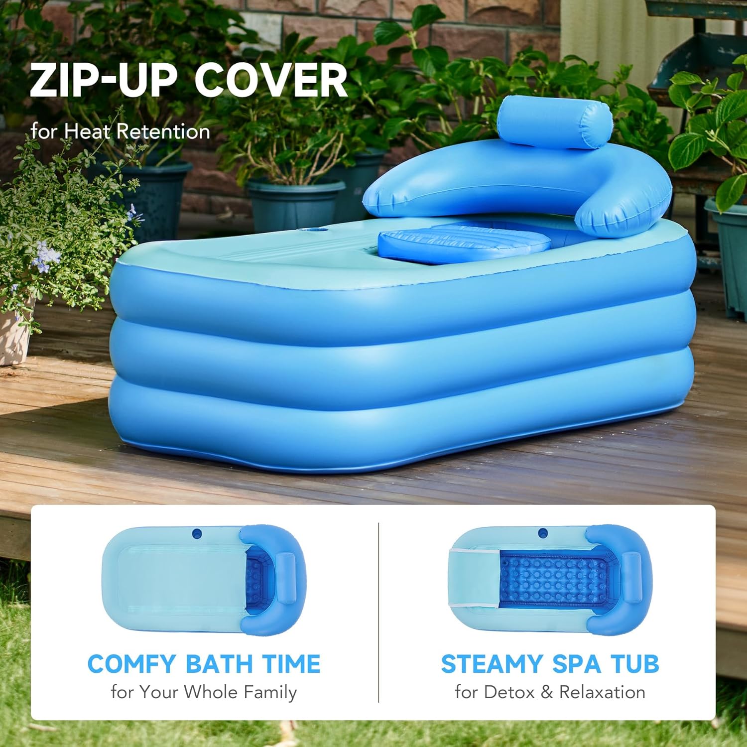 Inflatable Adult Bath Tub, Free-Standing Blow Up Bathtub with Foldable Portable Feature for Adult Spa with Electric Air Pump (High-Density PVC)