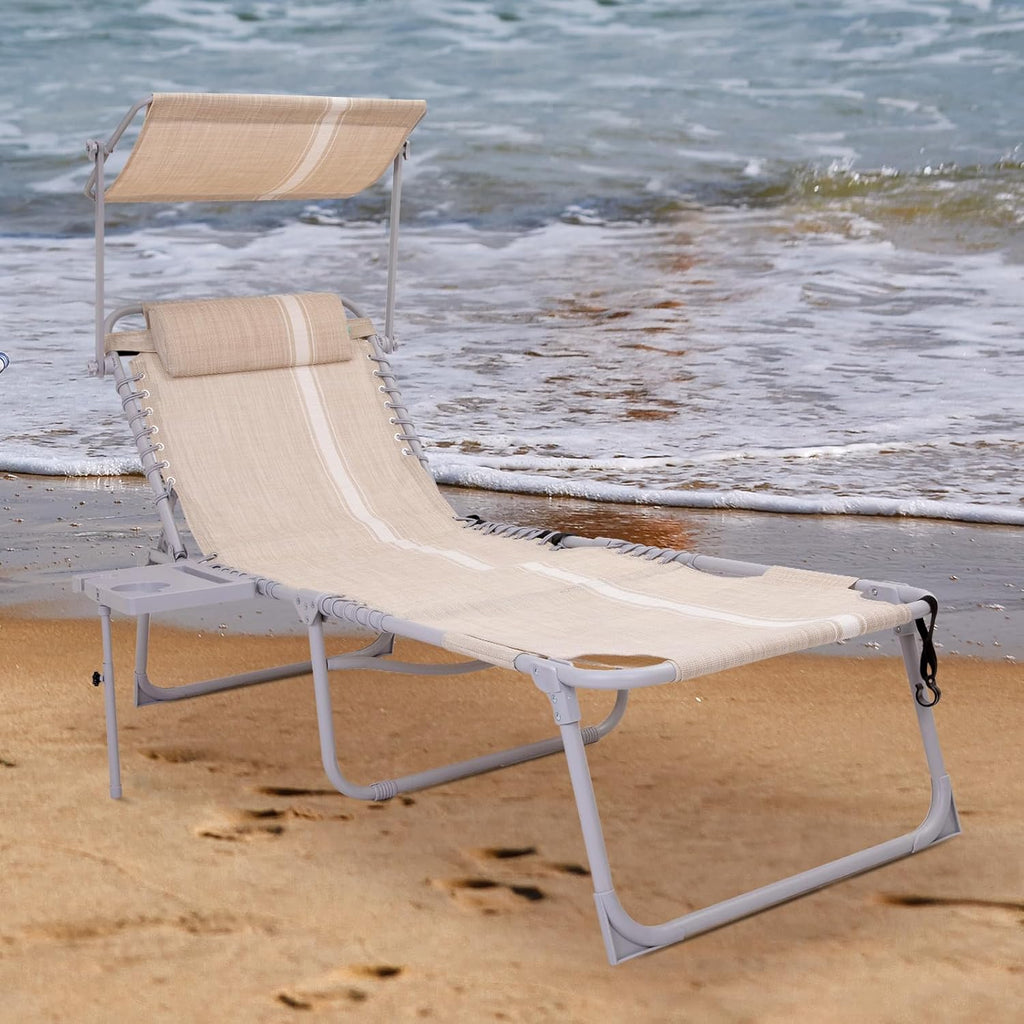 2 Pack Outdoor Chaise Lounge Chair - Portable Folding Patio Pool Lounge Chair, 5 Positions Adjustable Reclining Camping Chair with Side Table,Shoulder Strap, Pillow for Beach Sunbathing Lawn