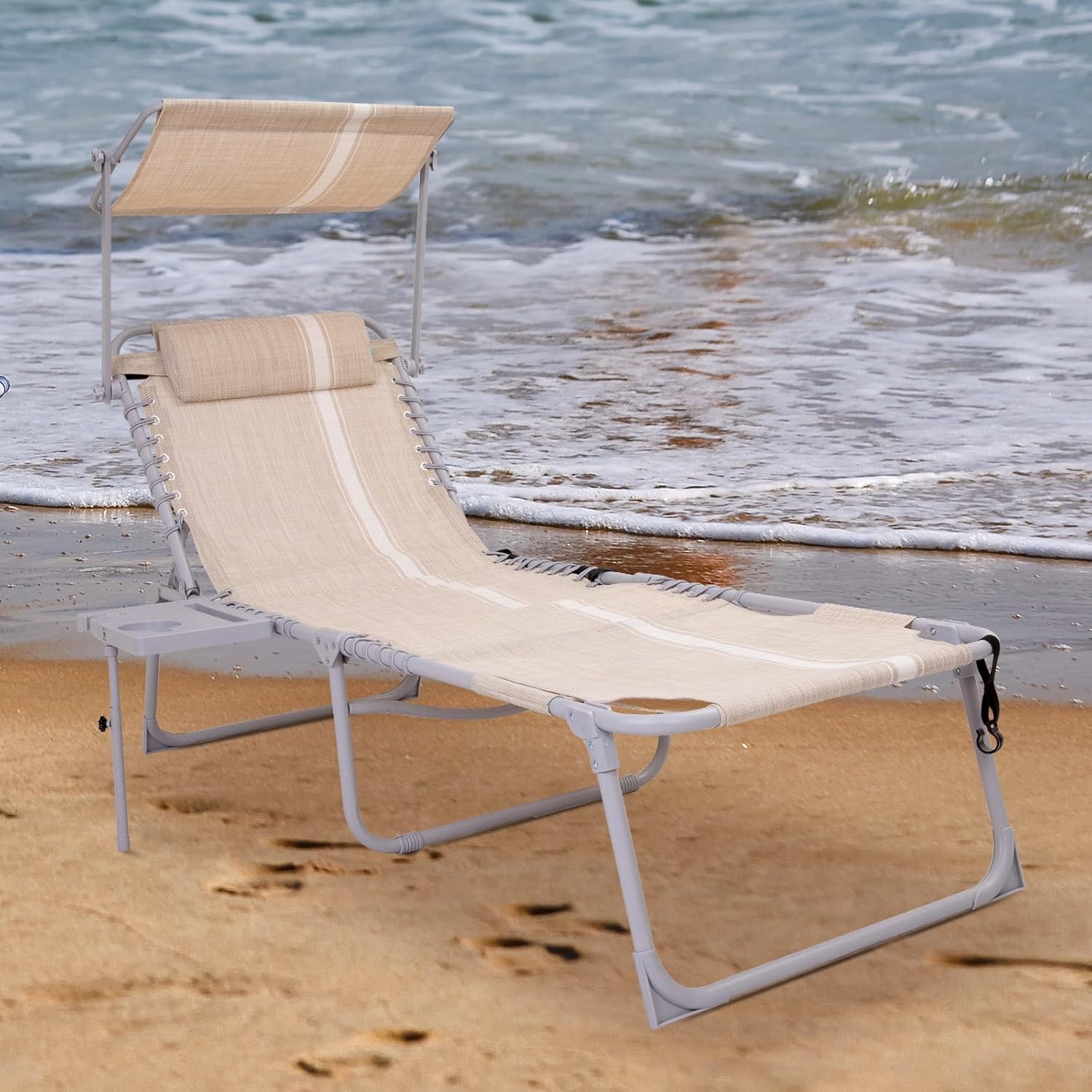 2 Pack Outdoor Chaise Lounge Chair - Portable Folding Patio Pool Lounge Chair, 5 Positions Adjustable Reclining Camping Chair with Side Table,Shoulder Strap, Pillow for Beach Sunbathing Lawn