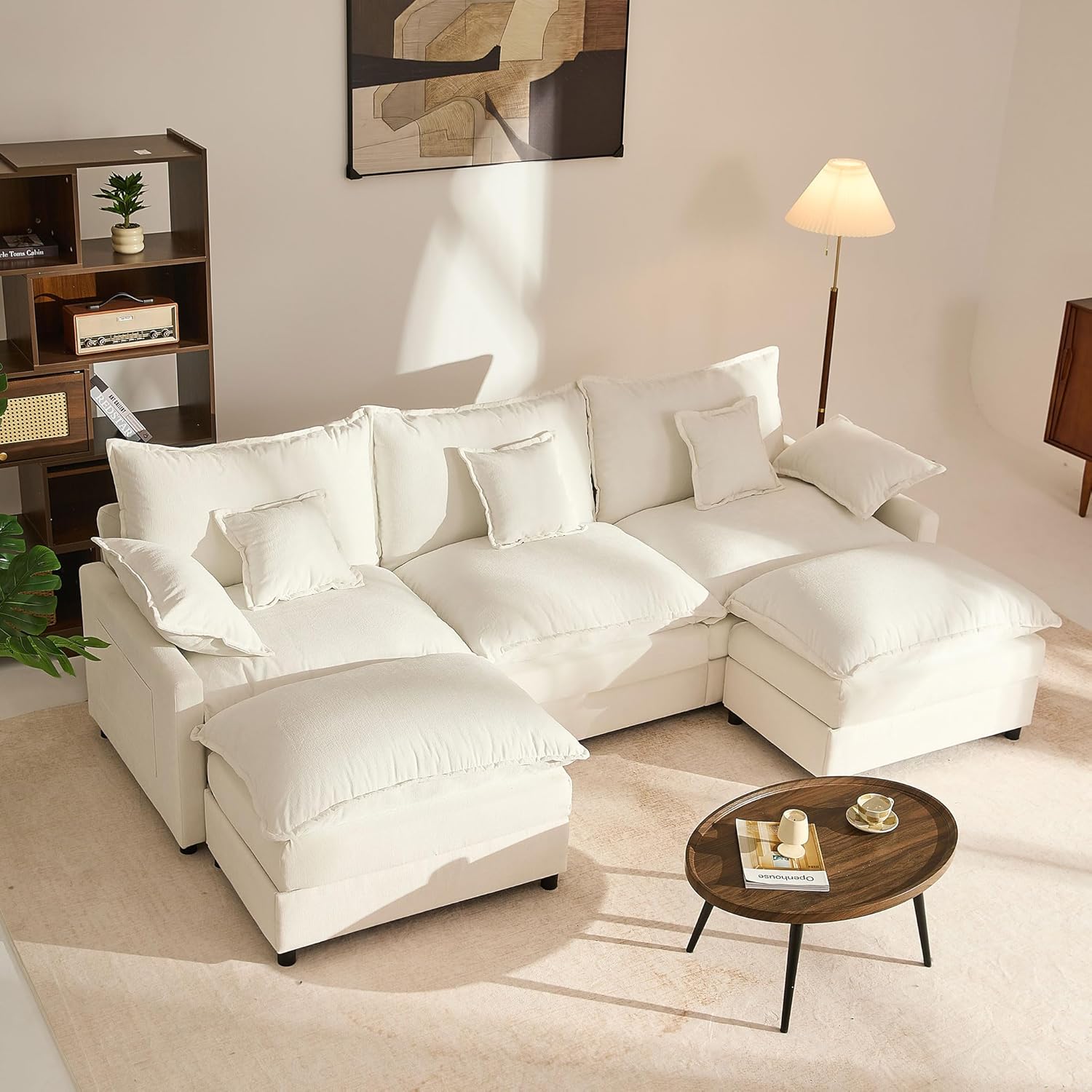 108 U Shaped Couch, Modular Sectional Sofa, 3-Seater Comfy Cloud Couch with Movable Ottoman, Deep Seat Couches for Living Room, Linen, Beige