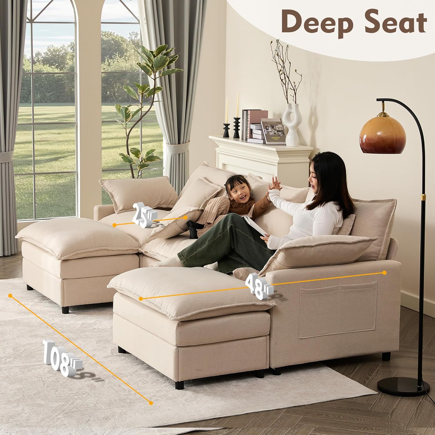 108 U Shaped Couch, Modular Sectional Sofa, 3-Seater Comfy Cloud Couch with Movable Ottoman, Deep Seat Couches for Living Room, Chenille, Slate