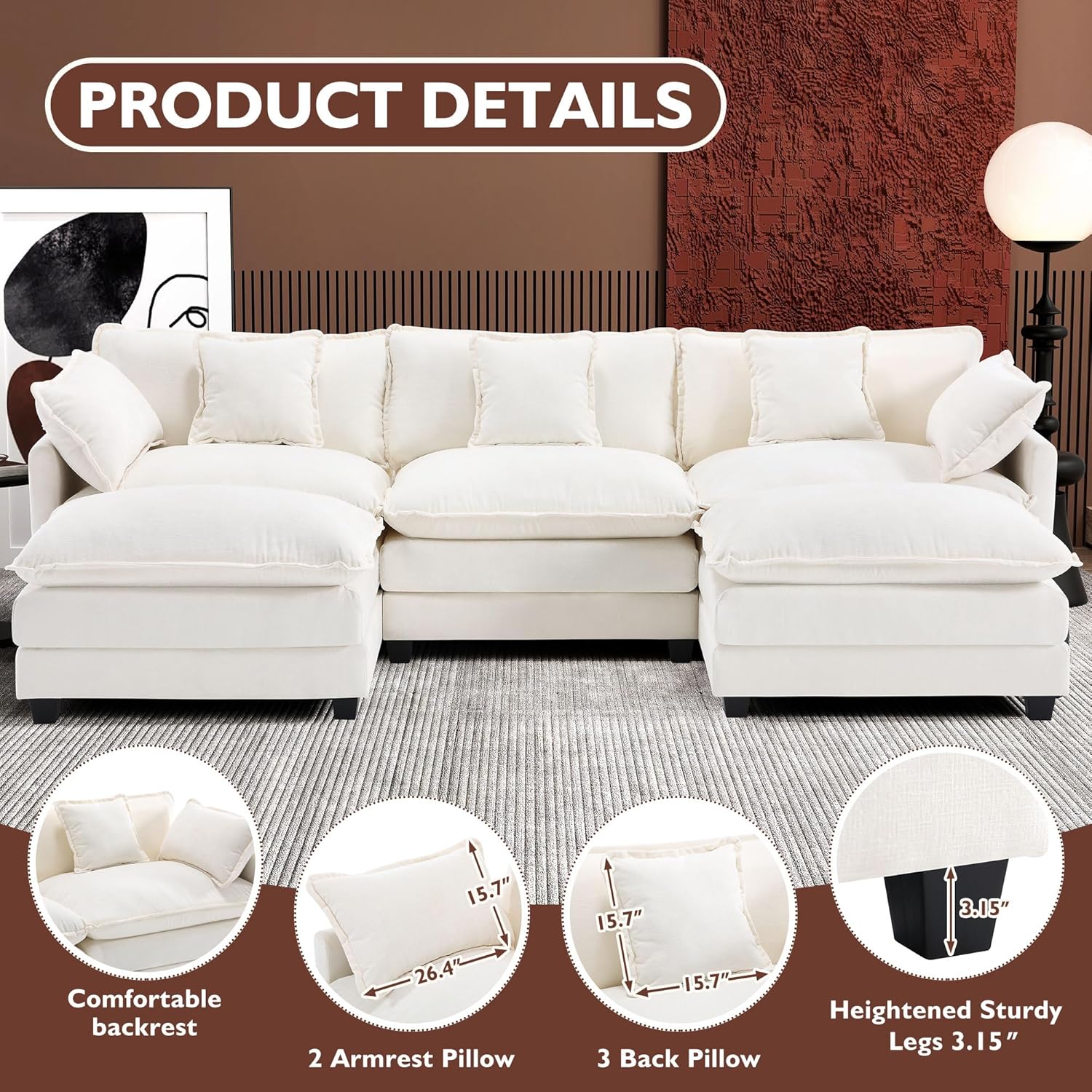 111.4 Inch L-Shaped Modern Sofa Modular Cloud Sofa Ottoman 4-Seater Chenille Deep Seat Sofa