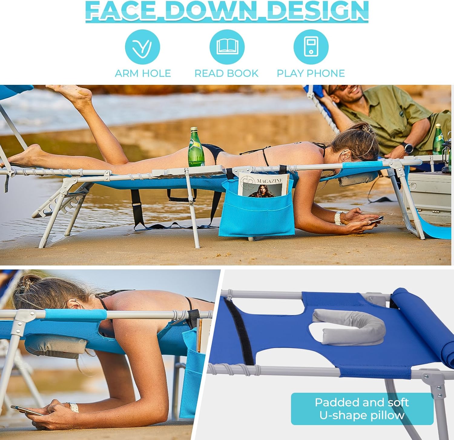 2 Pack Outdoor Chaise Lounge Chair - Portable Folding Patio Pool Lounge Chair, 5 Positions Adjustable Reclining Camping Chair with Side Table,Shoulder Strap, Pillow for Beach Sunbathing Lawn
