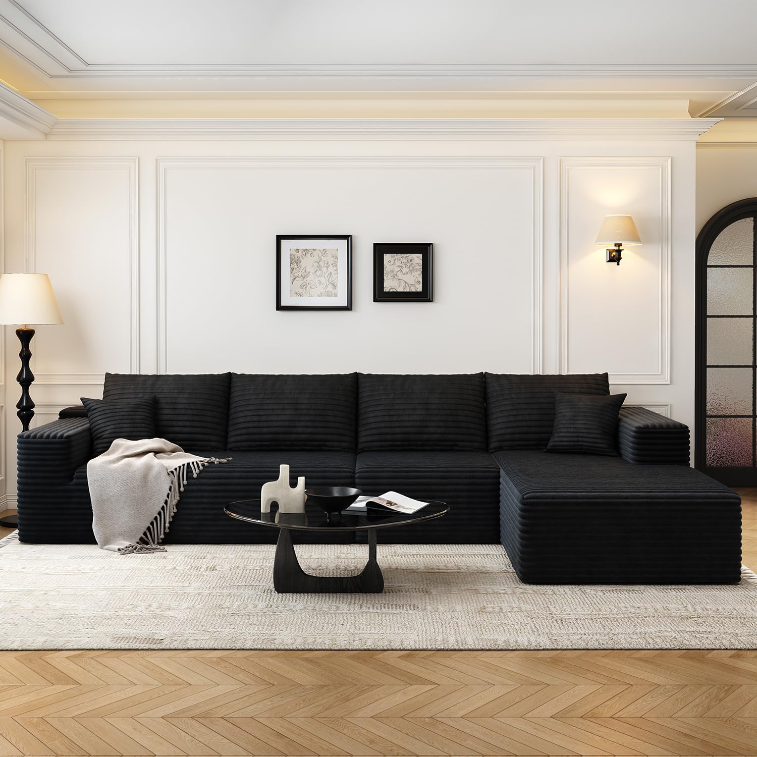 107.5" Cloud Modular Sectional Sofa Couch with L-Shape Chaise,Modern Minimalist Upholstered Couches for Living Room Bedroom,Deep Seat Corner Couch，No Assembly Required (Black,Left Facing Chaise)