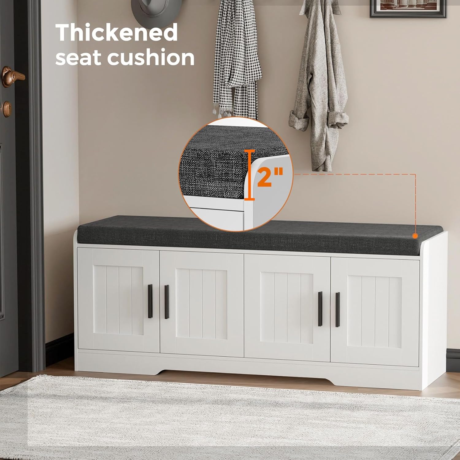 2-Tier Storage Bench, Shoe Bench with Thickened Padded Seat Cushion, Entryway Bench with 4 Doors, Adjustable Shelf, 13.8 D x 45.3 W x 18.5 H, for Entryway, Living Room, Bedroom, White