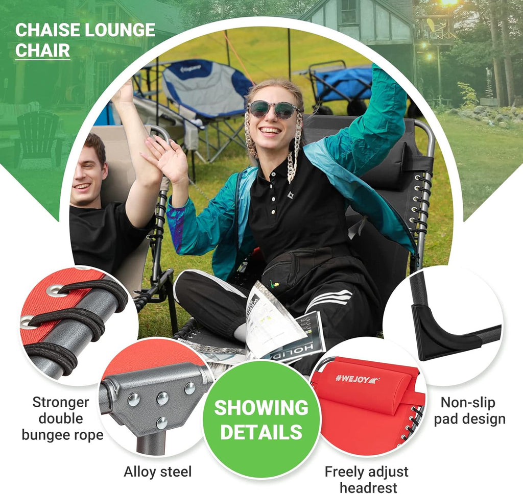 2 Pack Outdoor Chaise Lounge Chair - Portable Folding Patio Pool Lounge Chair, 5 Positions Adjustable Reclining Camping Chair with Side Table,Shoulder Strap, Pillow for Beach Sunbathing Lawn