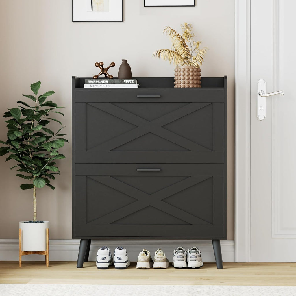32 wide farmhouse shoe cabinet with 2 flip-top drawers and barn door design, adjustable shelves