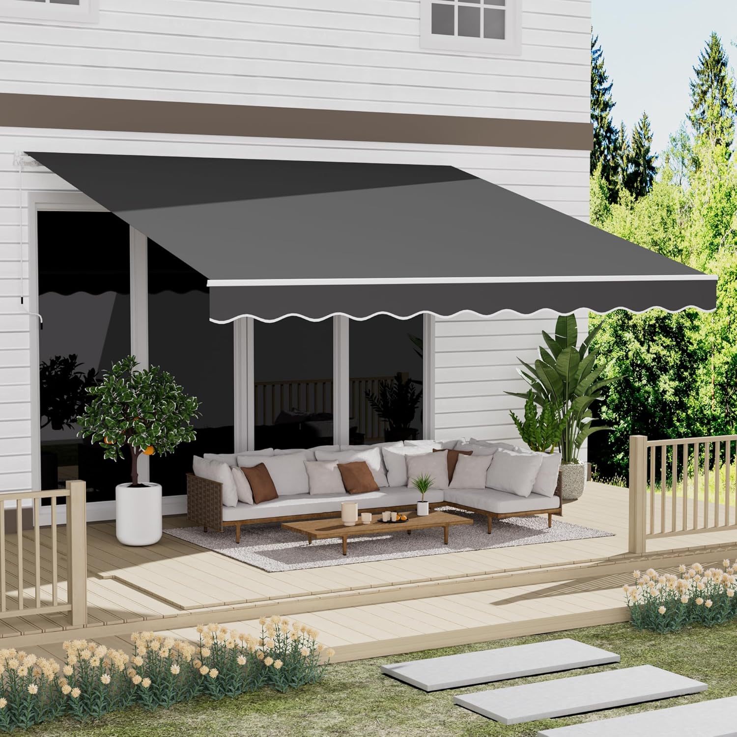 13 x 10 Awning for Patio, Sunsetter Retractable Awning Waterproof Cover Outdoor Patio Canopy, Sun Shade with Manual Crank Handle, Porch Shades for Outdoor, House, Deck, Dark Gray