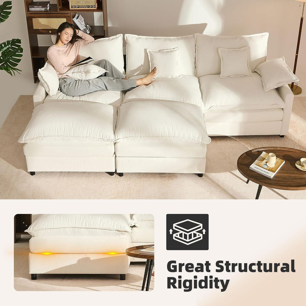 108 U Shaped Couch, Modular Sectional Sofa, 3-Seater Comfy Cloud Couch with Movable Ottoman, Deep Seat Couches for Living Room, Linen, Beige