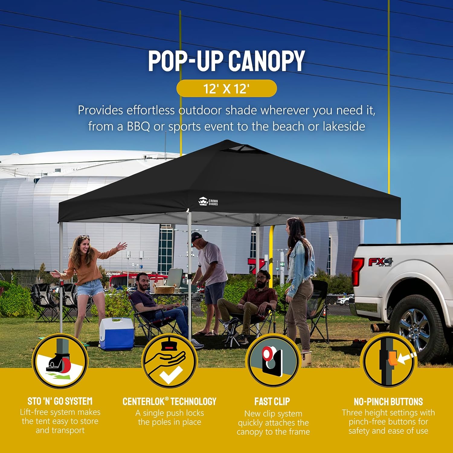 10x10 Pop-Up Awning - One-Click Installation Beach Tent - Outdoor Sunshade Silver Coated Top, 3 Heights and 4 Sand Pockets