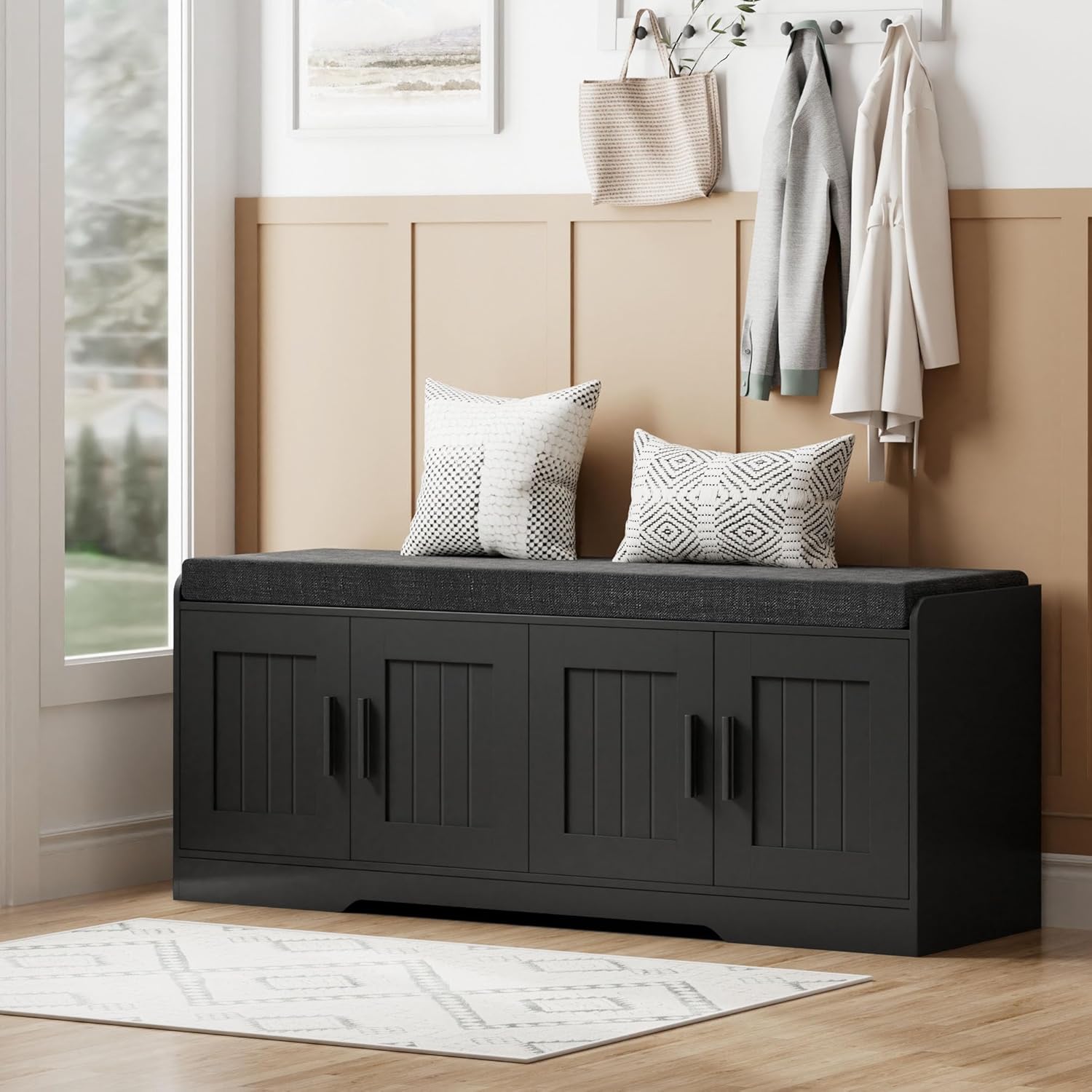 2-Tier Storage Bench, Shoe Bench with Thickened Padded Seat Cushion, Entryway Bench with 4 Doors, Adjustable Shelf, 13.8 D x 45.3 W x 18.5 H, for Entryway, Living Room, Bedroom, White