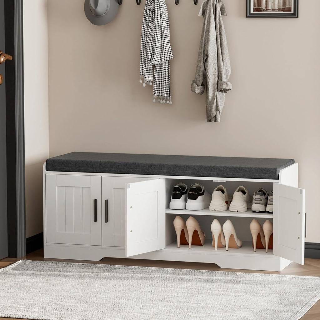 2-Tier Storage Bench, Shoe Bench with Thickened Padded Seat Cushion, Entryway Bench with 4 Doors, Adjustable Shelf, 13.8 D x 45.3 W x 18.5 H, for Entryway, Living Room, Bedroom, White