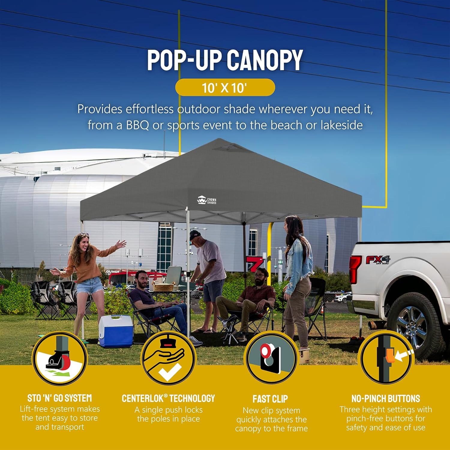 10x10 Pop-Up Awning - One-Click Installation Beach Tent - Outdoor Sunshade Silver Coated Top, 3 Heights and 4 Sand Pockets