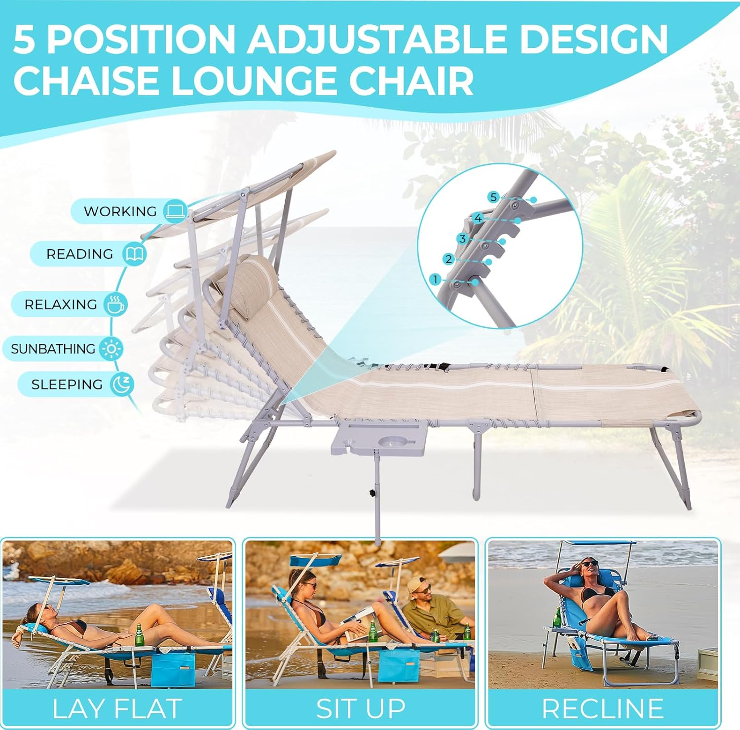 2 Pack Outdoor Chaise Lounge Chair - Portable Folding Patio Pool Lounge Chair, 5 Positions Adjustable Reclining Camping Chair with Side Table,Shoulder Strap, Pillow for Beach Sunbathing Lawn