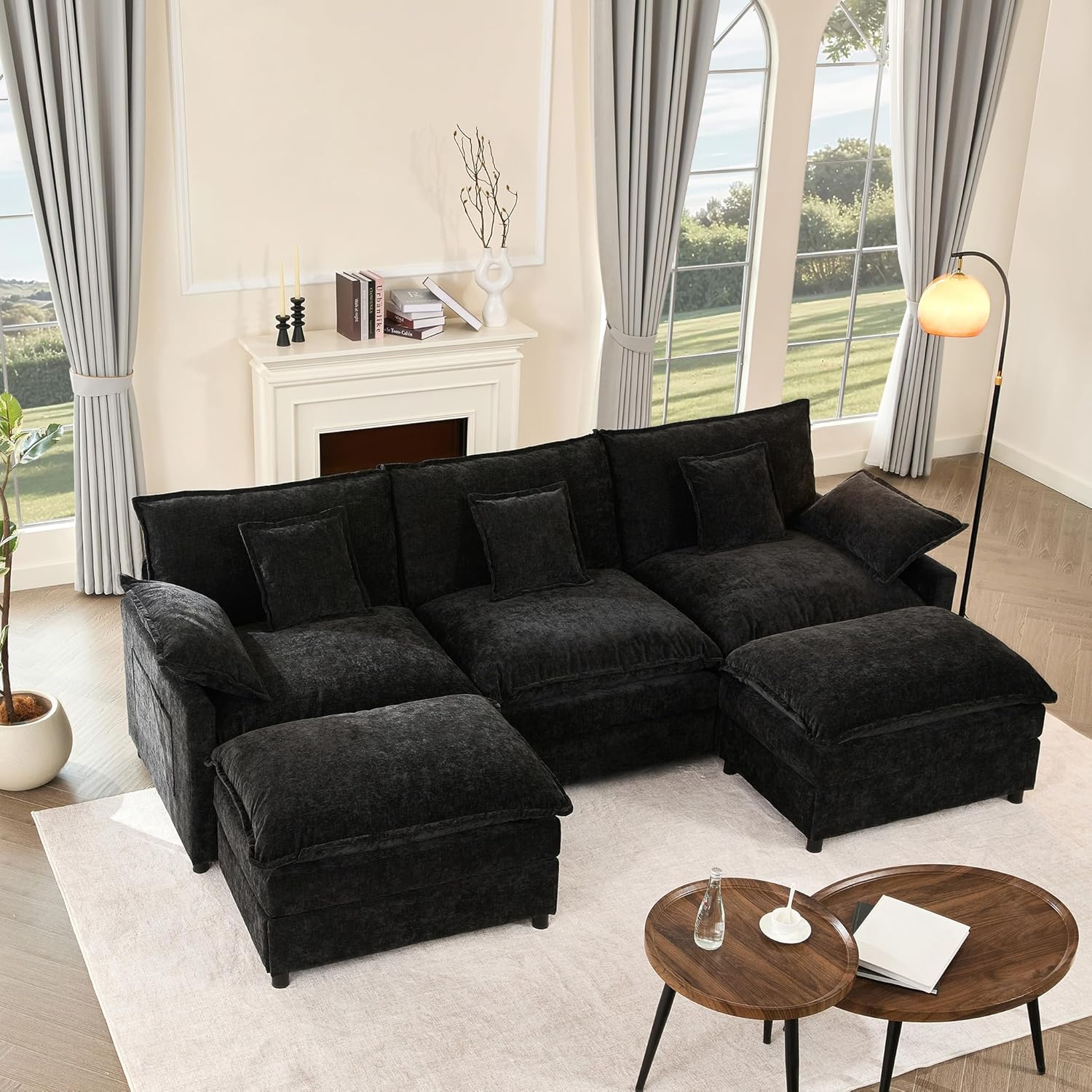 108 U Shaped Couch, Modular Sectional Sofa, 3-Seater Comfy Cloud Couch with Movable Ottoman, Deep Seat Couches for Living Room, Chenille, Slate