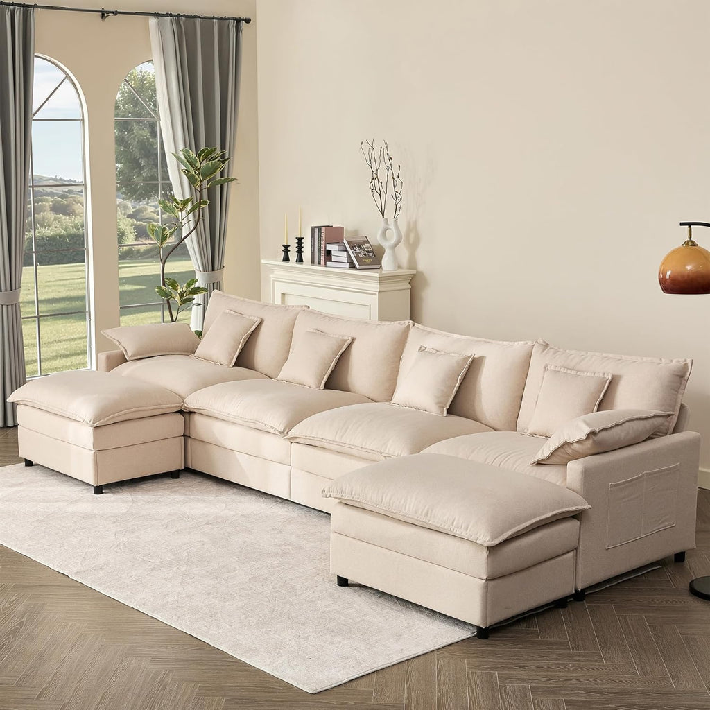 108 U Shaped Couch, Modular Sectional Sofa, 3-Seater Comfy Cloud Couch with Movable Ottoman, Deep Seat Couches for Living Room, Linen, Beige