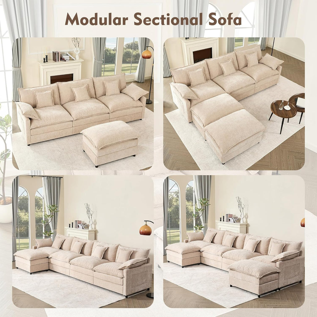 108 U Shaped Couch, Modular Sectional Sofa, 3-Seater Comfy Cloud Couch with Movable Ottoman, Deep Seat Couches for Living Room, Chenille, Slate