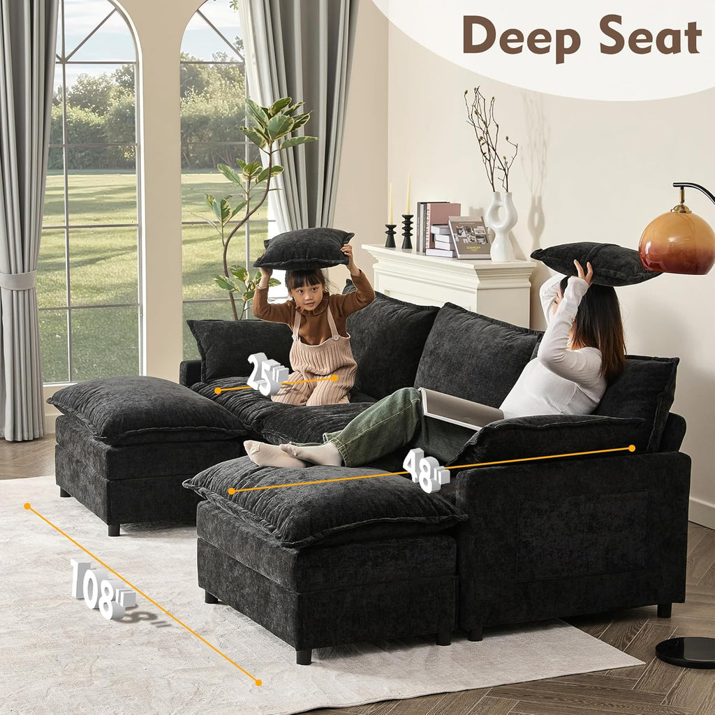 108 U Shaped Couch, Modular Sectional Sofa, 3-Seater Comfy Cloud Couch with Movable Ottoman, Deep Seat Couches for Living Room, Chenille, Slate