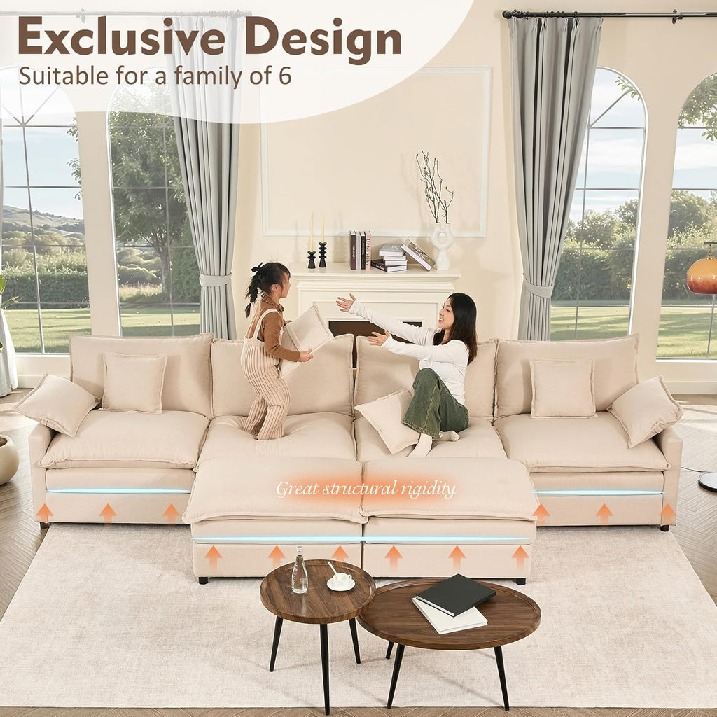 108 U Shaped Couch, Modular Sectional Sofa, 3-Seater Comfy Cloud Couch with Movable Ottoman, Deep Seat Couches for Living Room, Linen, Beige