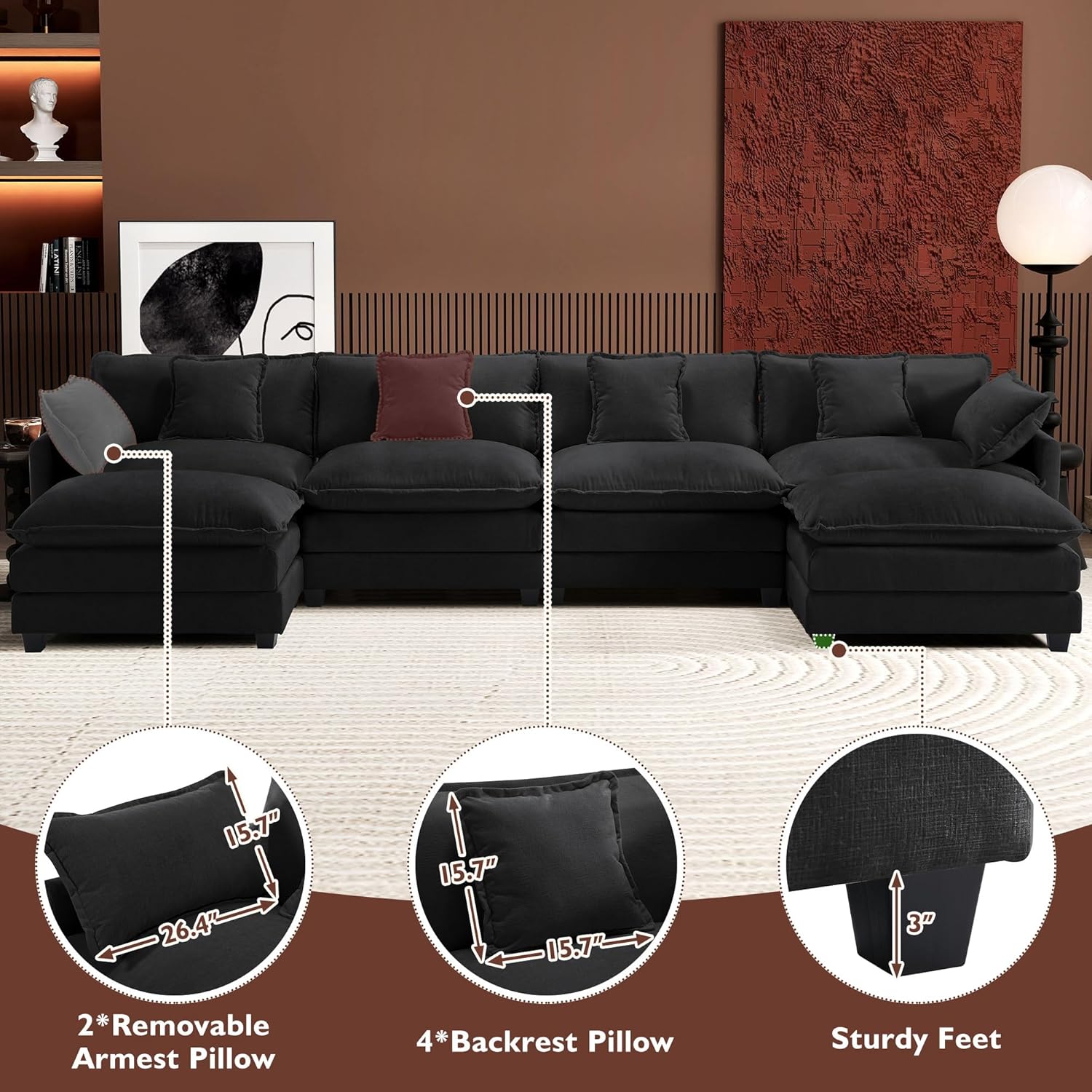 111.4 Inch L-Shaped Modern Sofa Modular Cloud Sofa Ottoman 4-Seater Chenille Deep Seat Sofa