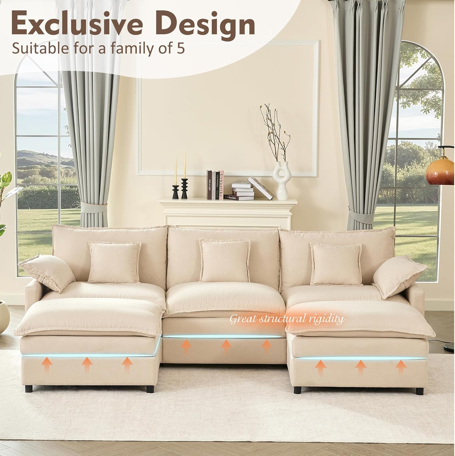 108 U Shaped Couch, Modular Sectional Sofa, 3-Seater Comfy Cloud Couch with Movable Ottoman, Deep Seat Couches for Living Room, Chenille, Slate