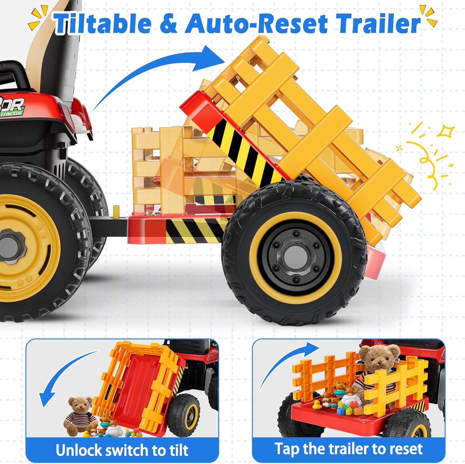 24V Ride On Tractor w/Tiltable & Detachable Trailer, 2x65W Motors, EVA Tires, Remote Control, Bluetooth, Shifter, Music, Electric Car for Kids, Green