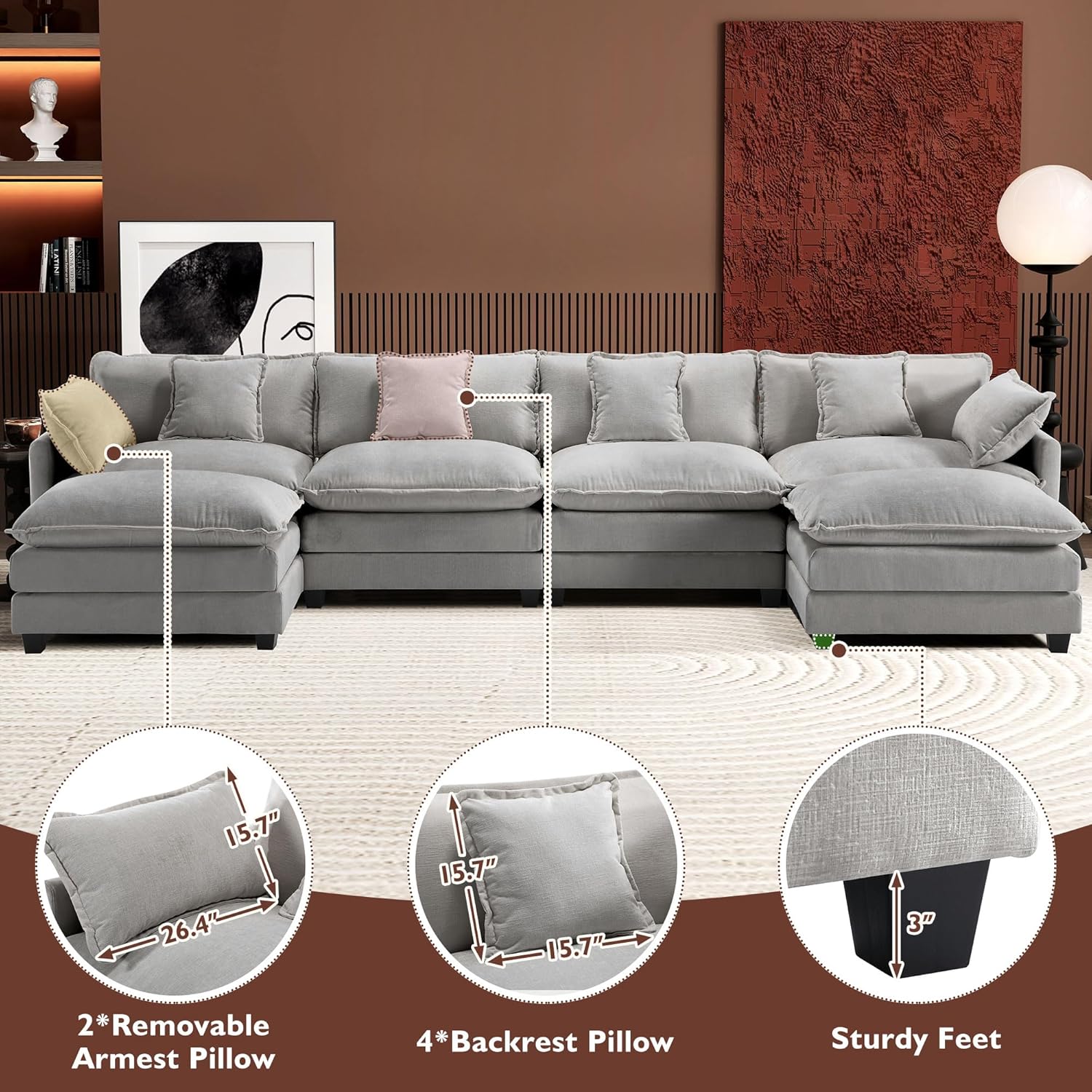 111.4 Inch L-Shaped Modern Sofa Modular Cloud Sofa Ottoman 4-Seater Chenille Deep Seat Sofa