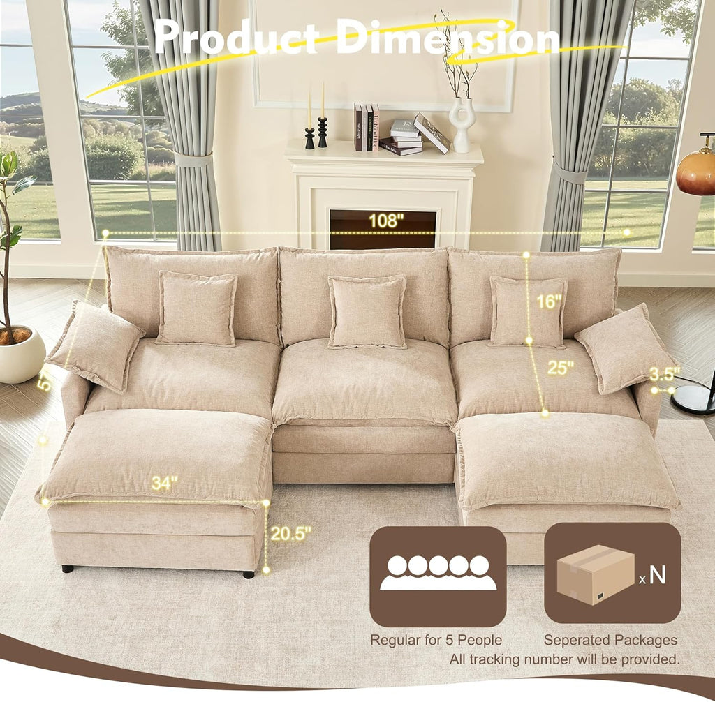 108 U Shaped Couch, Modular Sectional Sofa, 3-Seater Comfy Cloud Couch with Movable Ottoman, Deep Seat Couches for Living Room, Linen, Beige