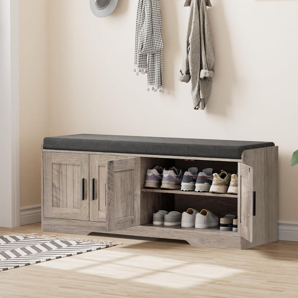 2-Tier Storage Bench, Shoe Bench with Thickened Padded Seat Cushion, Entryway Bench with 4 Doors, Adjustable Shelf, 13.8 D x 45.3 W x 18.5 H, for Entryway, Living Room, Bedroom, White