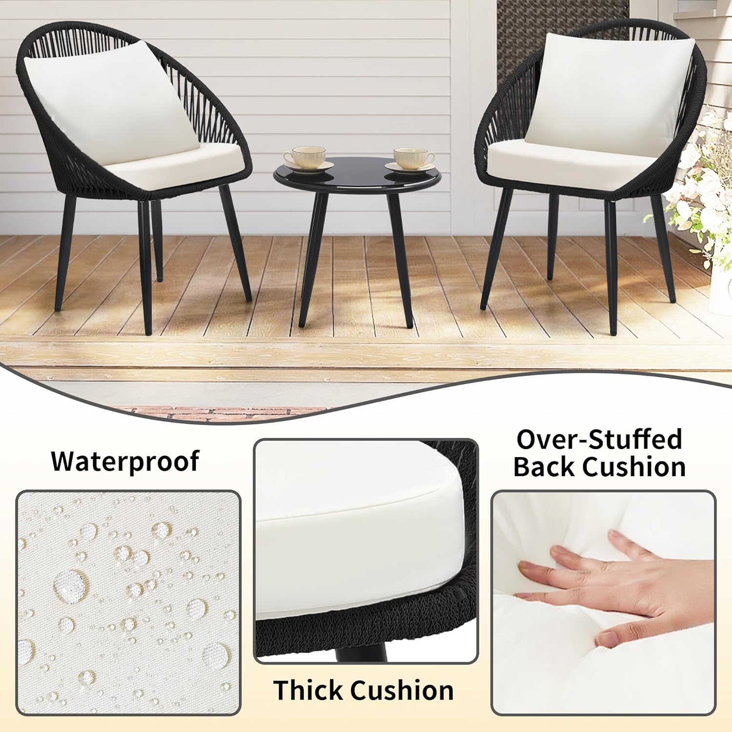 3 Piece Bistro Set, Woven Rope Chair with Cushions, All Weather Patio Conversation Set with Side Table, Ideal for Deck, Balcony, Poolside, Black