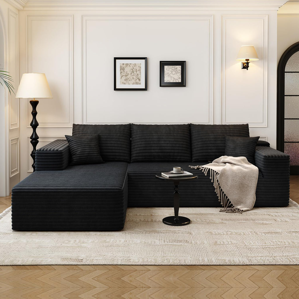 107.5 Cloud Modular Sectional Sofa Couch with L-Shape Chaise,Modern Minimalist Upholstered Couches for Living Room Bedroom,Deep Seat Corner Couch锛孨o Assembly Required (Black,Left Facing Chaise)